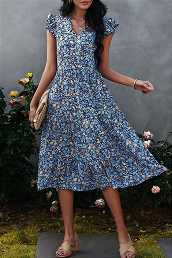 Floral Print V-Neck Ruffled Sleeve Midi Dress