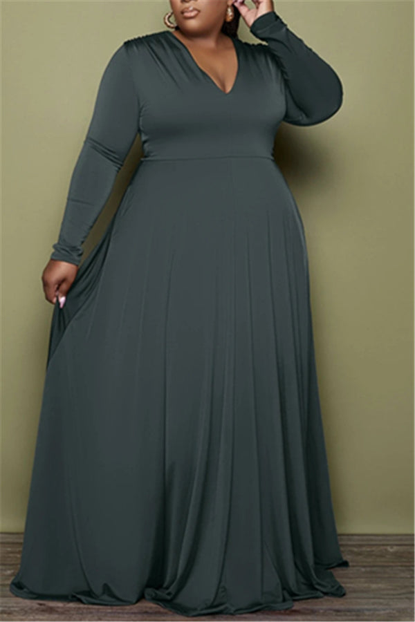 Plus Size XL-5XL Long Sleeve V-Neck Maxi Dress