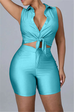 Buttoned Sleeveless Top & Tight Shorts Set