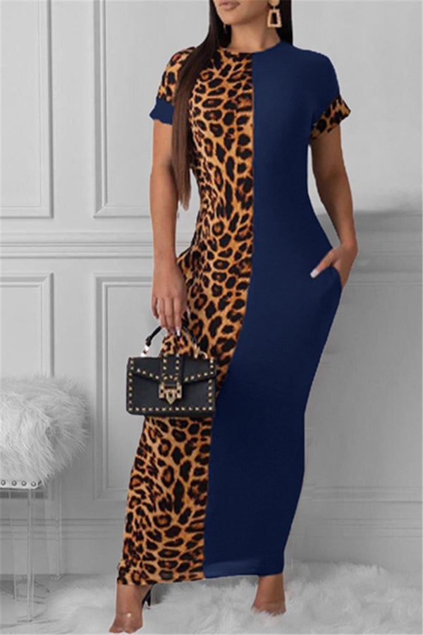 Leopard Splicing Pocketed Casual Maxi Dress