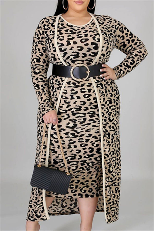Plus Size XL-4XL Leopard Print Coat & Vest Dress Sets