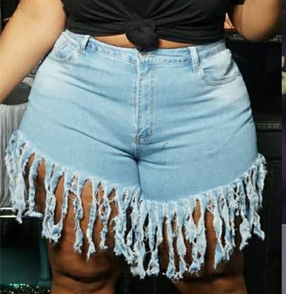 Plus Size L-4XL Tassle Splicing Denim Shorts