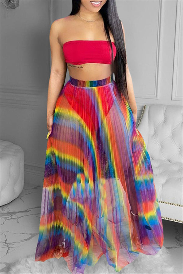 Breast Wrap and Shorts with Rainbow Pleated Net Yarn Skirt Three Picec Sets
