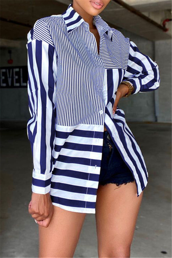 Striped Splicing Button Front Shirt Top