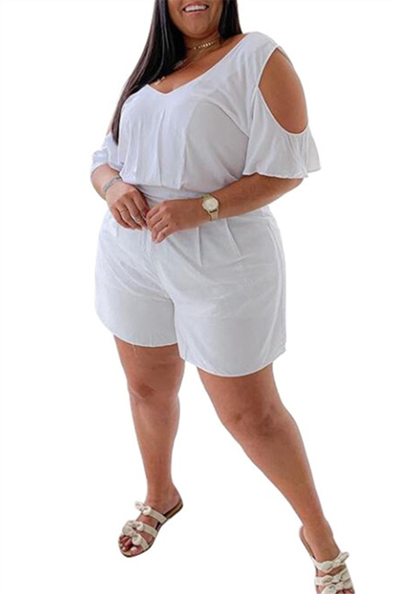 Plus Size L-4XL Cold Shoulder Ruffle Casual Romper