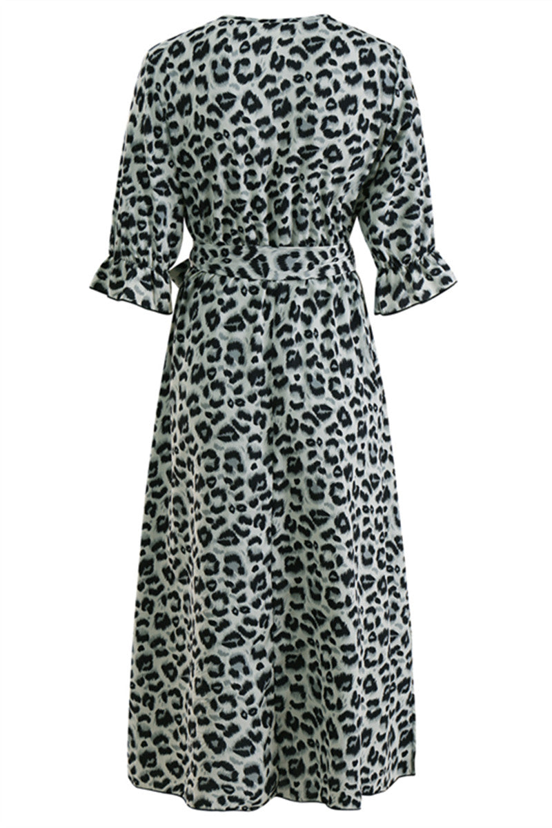 Belted Leopard Print Slit Dress