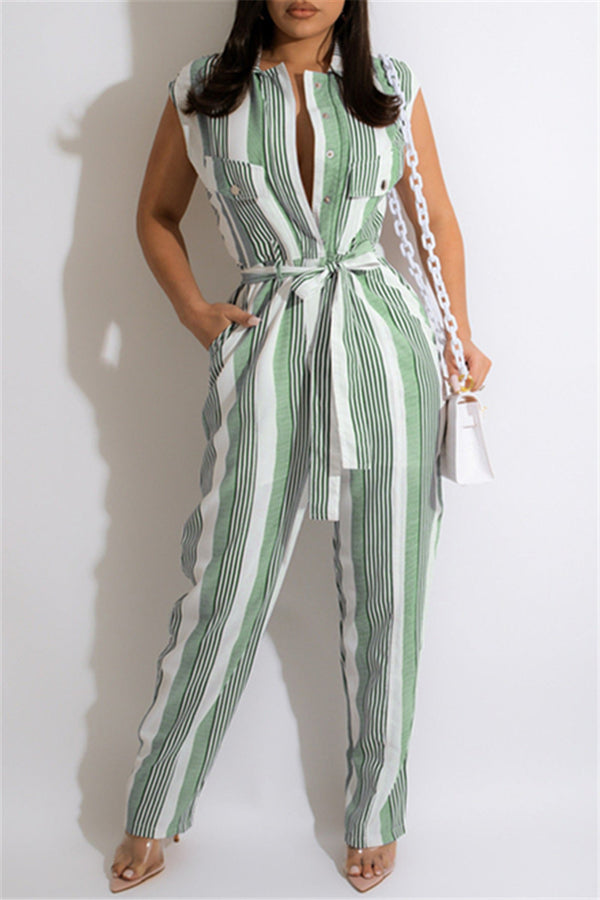 Belt Striped Print Pocket Jumpsuit