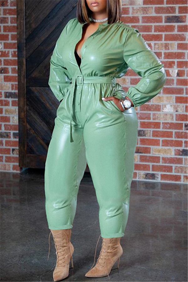 Belted Button-Front PU Jumpsuit