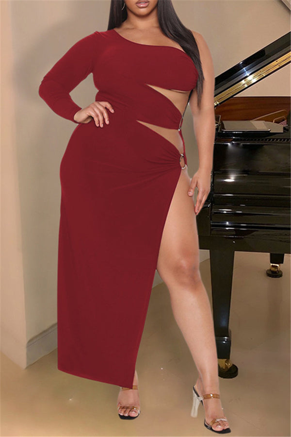 Plus Size S-3XL Hollow Out One Sleeve Maxi Dress