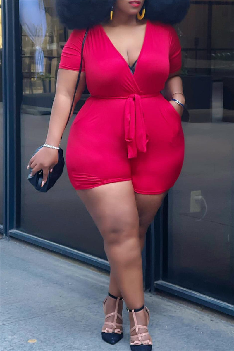 Plus Size XL-5XL V-Neck Bandage Waist Pocketed Romper