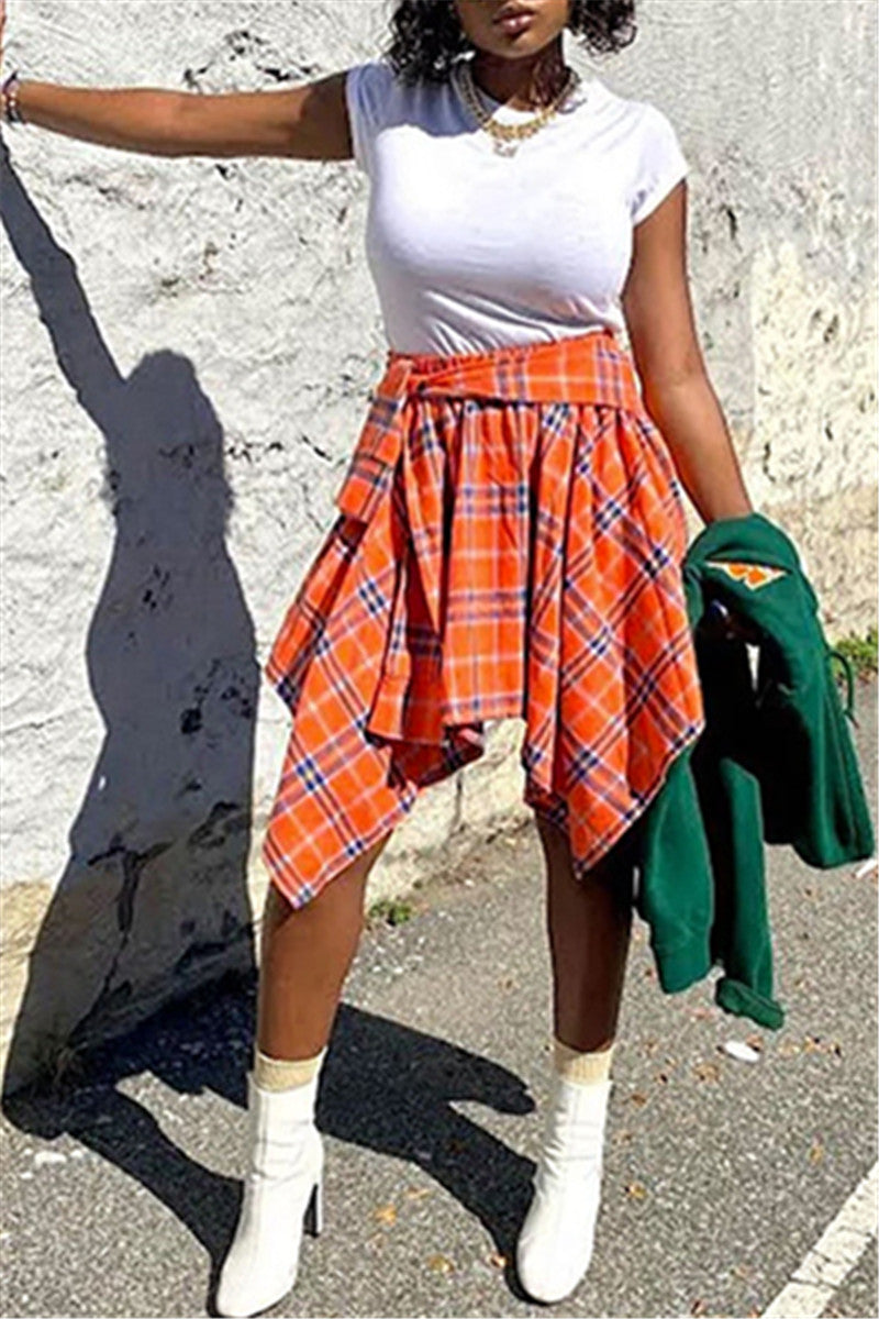 Irregular Waist Bandage Plaid Skirt