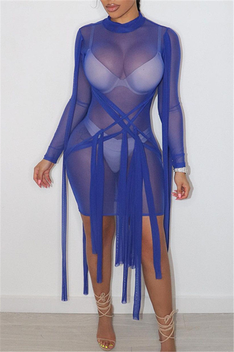 S-3XL Bandage Net Yarn Sheer Sexy Mini Dress