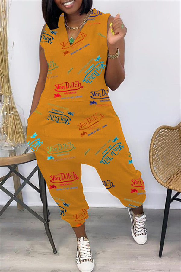 Letters Printed Pocketed V-Neck Casual Jumpsuit
