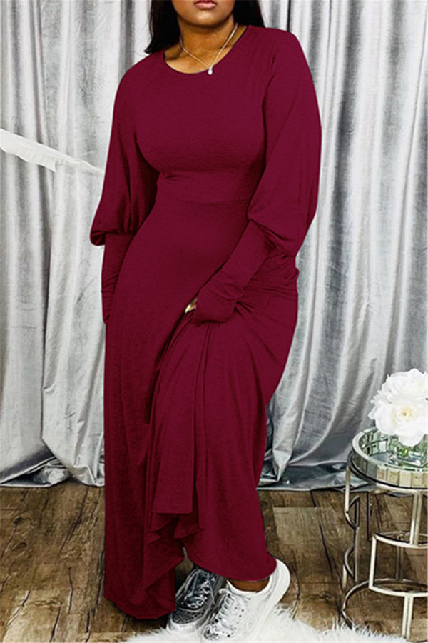 Plus Size S-4XL Solid Color Lantern Sleeve Maxi Dress