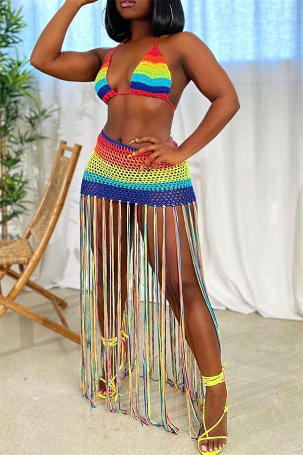 Rainbow Knitting Tassel Bikini Swimwear Sets