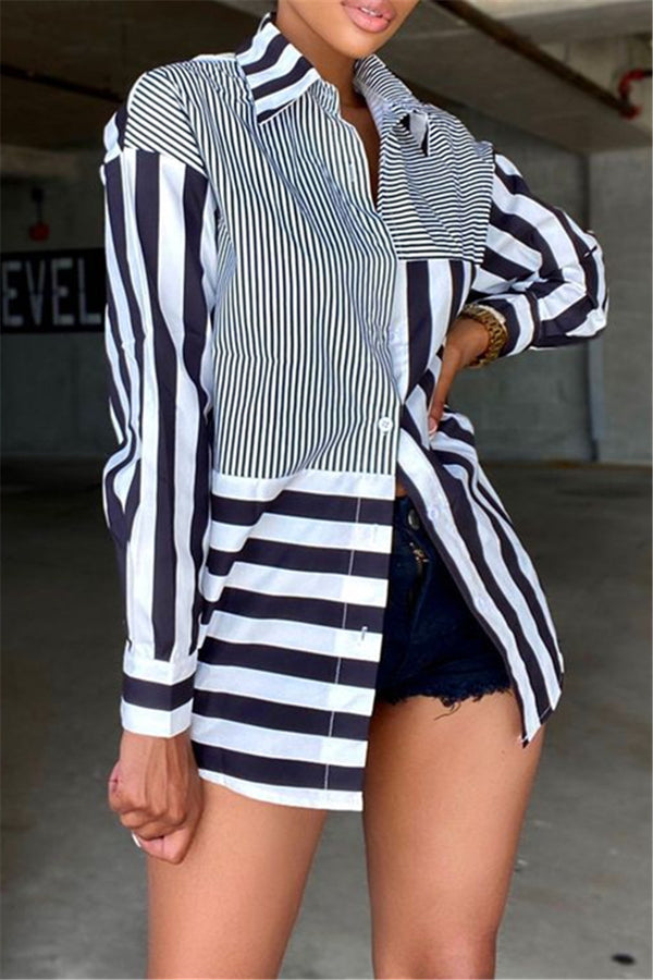 Striped Splicing Button Front Shirt Top