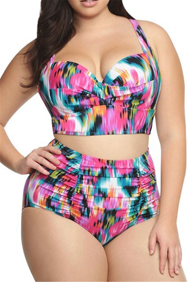Plus Size L-5XL Printed Bra Top with Ruched Shorts Swimwear Sets