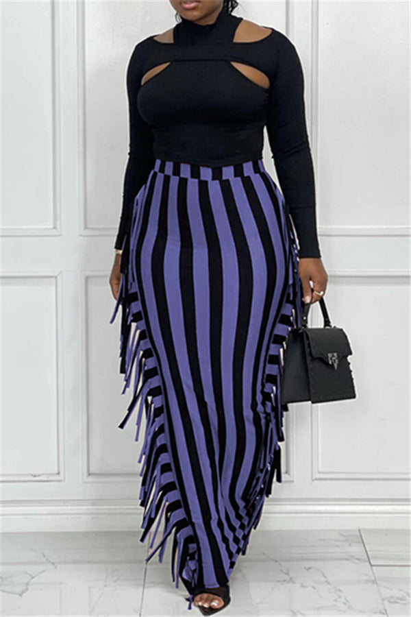Color Striped Tassel Side Skirt