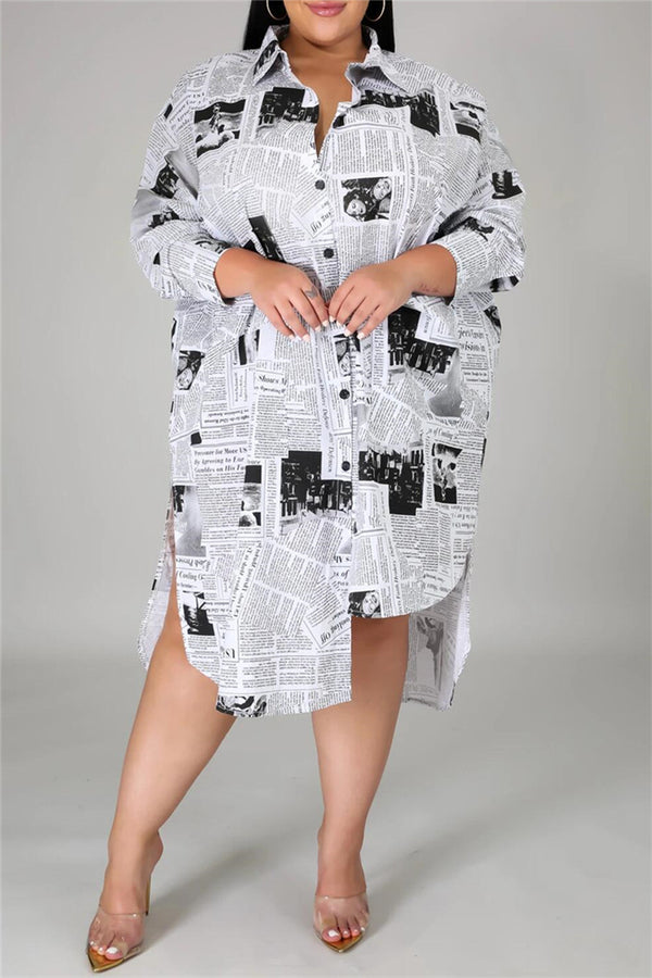 Plus Size XL-5XL Newspaper Printed Irregular Hem Casual Midi Dress