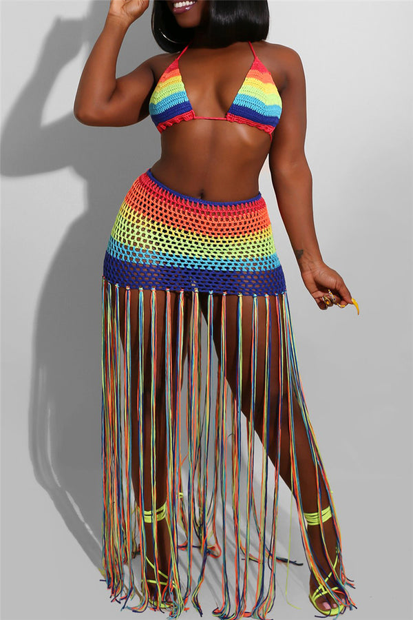 Rainbow Knitting Tassel Bikini Swimwear Sets