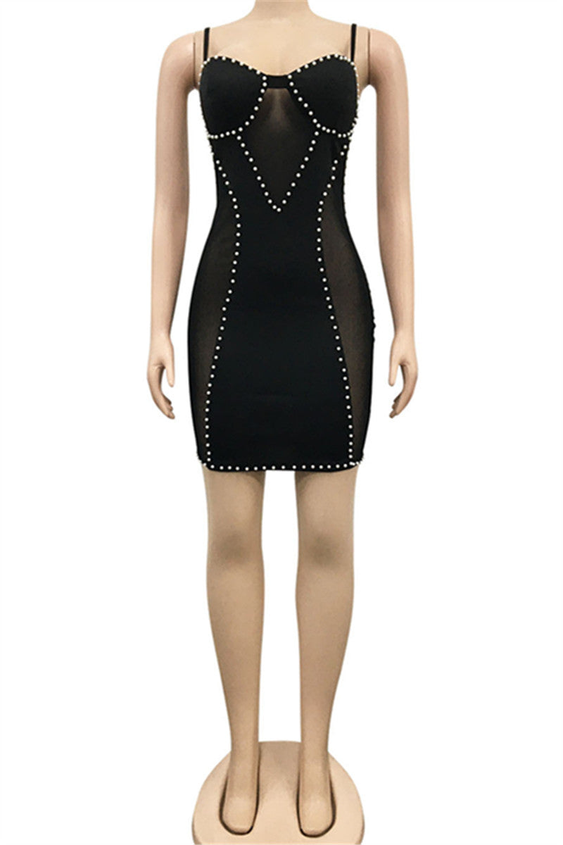 Pearl Studded Net Yarn Splicing Mini Dress