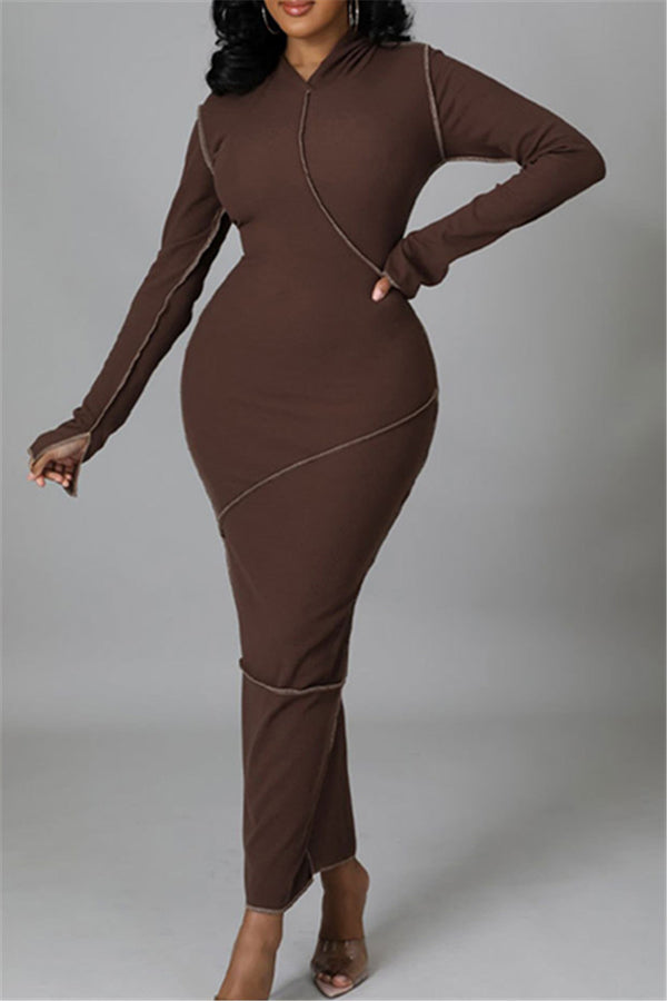 Ribbed Topstitched Hooded Bodycon Dress