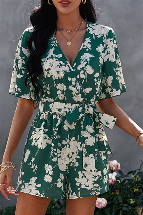 Belted V-Neck Floral Print Romper