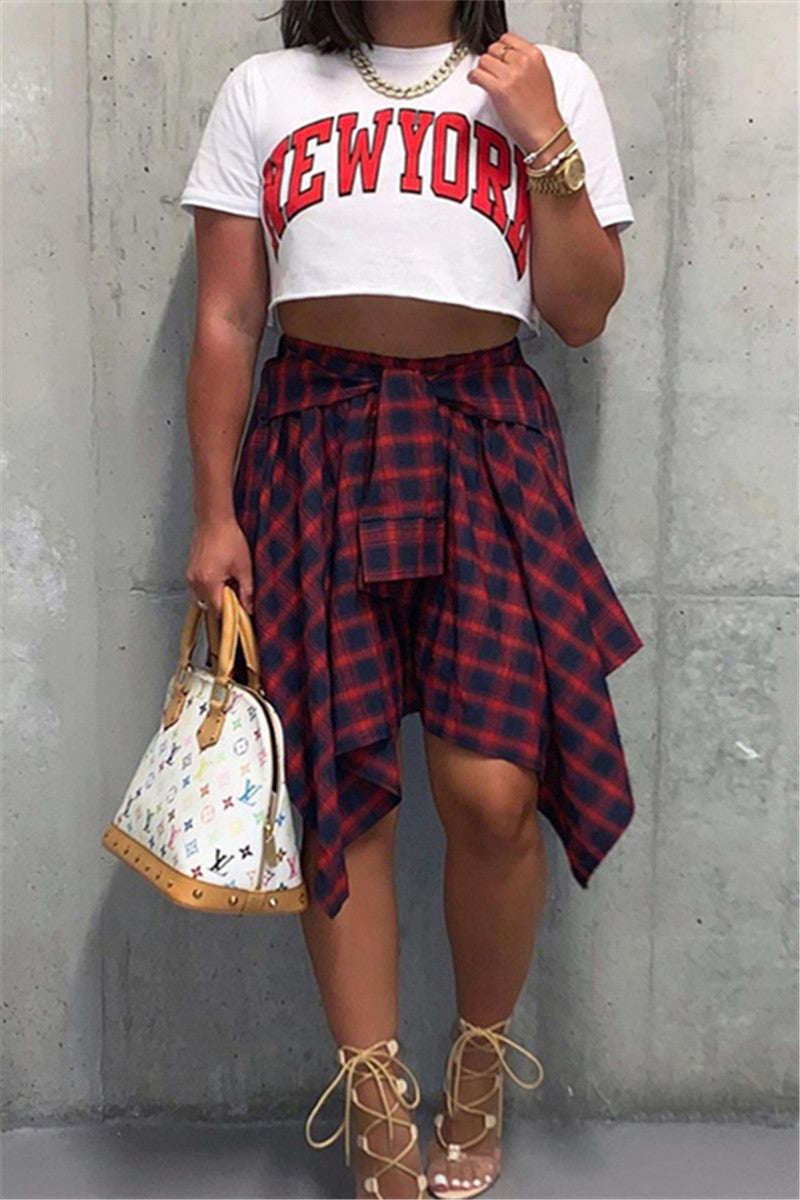 Irregular Waist Bandage Plaid Skirt