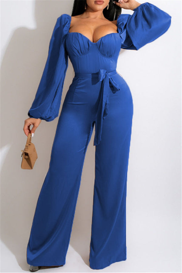 Belted Puff Sleeve Square Neck Wide-Leg Jumpsuit