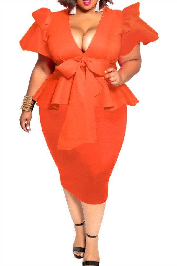 Plus Size L-5XL Deep V Bowknot Flounce Splicing Midi Dress