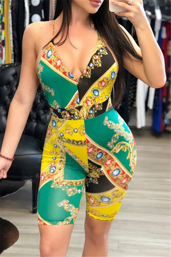 Printed Backless Caim Bodycon Romper