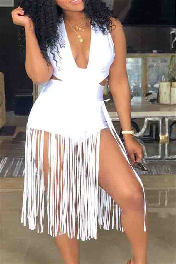 Plus Size S-3XL Tassel Deep V-Neck Backless Romper