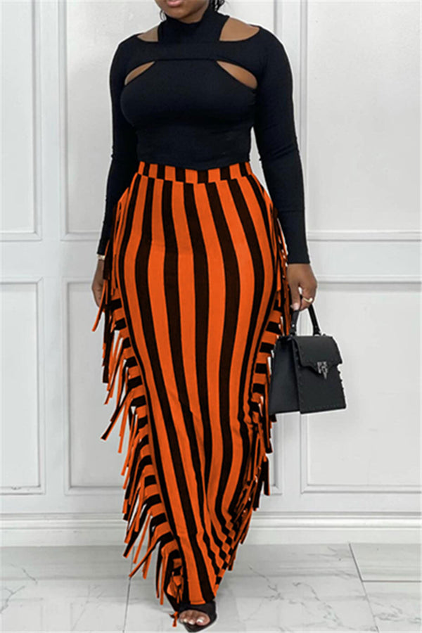 Color Striped Tassel Side Skirt