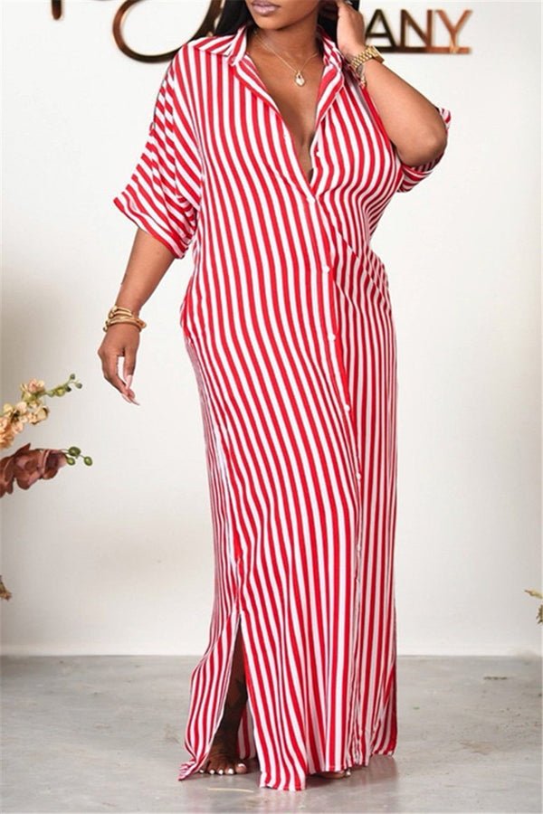 Striped Button Front Split Side Casual Maxi Dress