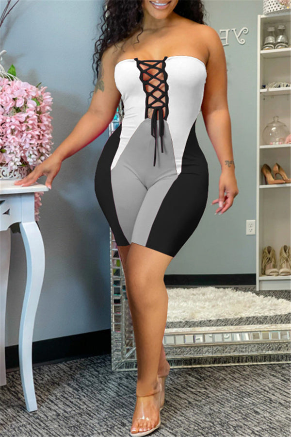 Color Splicing Bandage Front Strapless Bodycon Romper