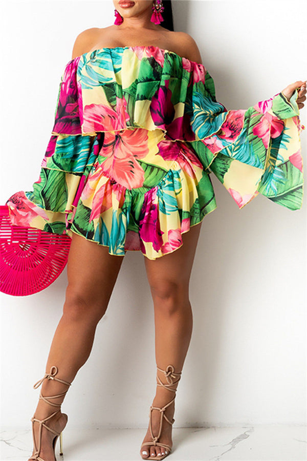 Off Shoulder Printed Flounce Batwing Sleeve Romper