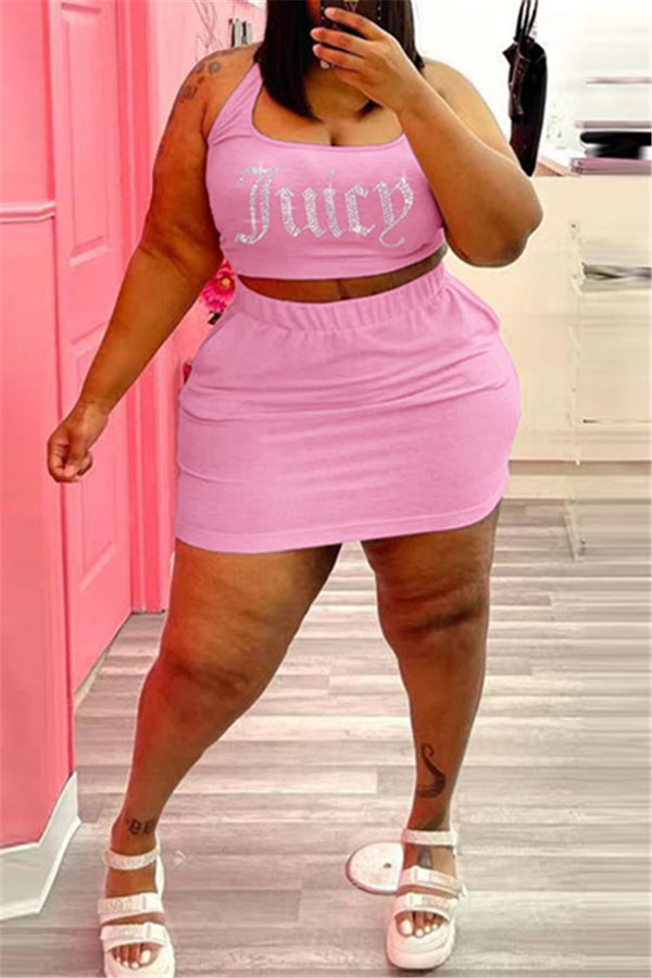 Plus Size Rhinestone Crop Top & Mini Skirt Set