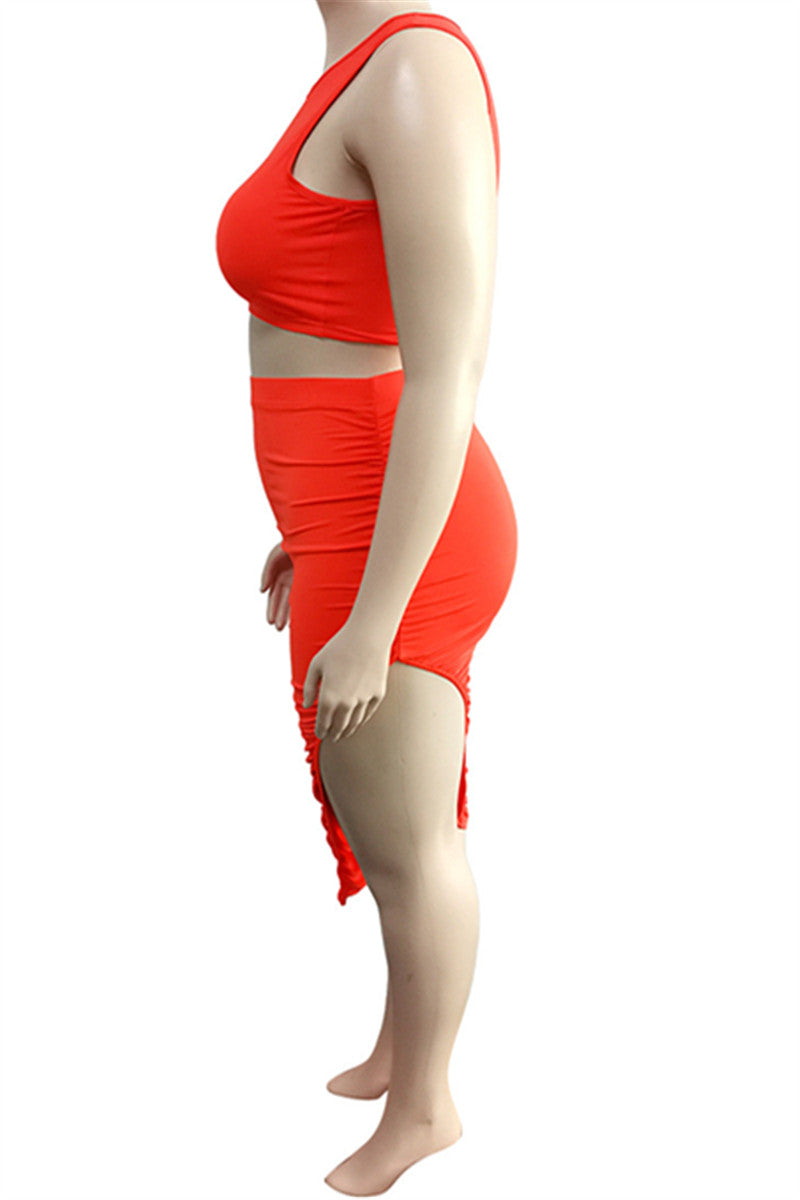 Plus Size XL-4XL Solid Color Crop Top & Ruched Slit Skirt Set