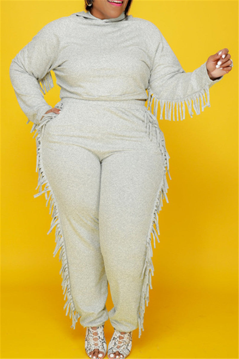 Plus Size XL-5XL Tassel Hooded Top with Pocketed Pants Sets
