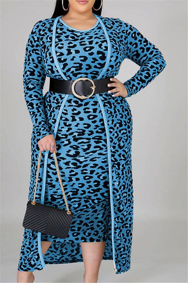 Plus Size XL-4XL Leopard Print Coat & Vest Dress Sets