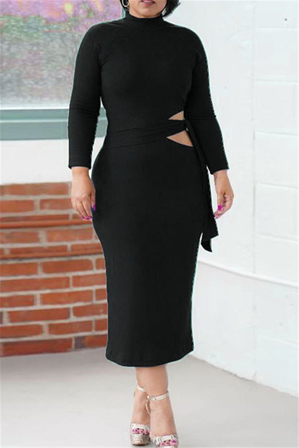 Plus Size S-5XL Ribbed Cutout Waist Bandage Bodycon Dress