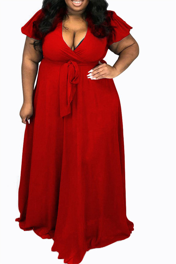 Plus Size L-4XL Chiffon Deep V Belted Maxi Dress