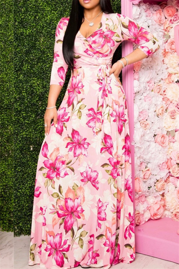 Flower Printed Maxi Dress With Belt