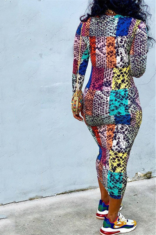Color Splicing Printed Midi Dress