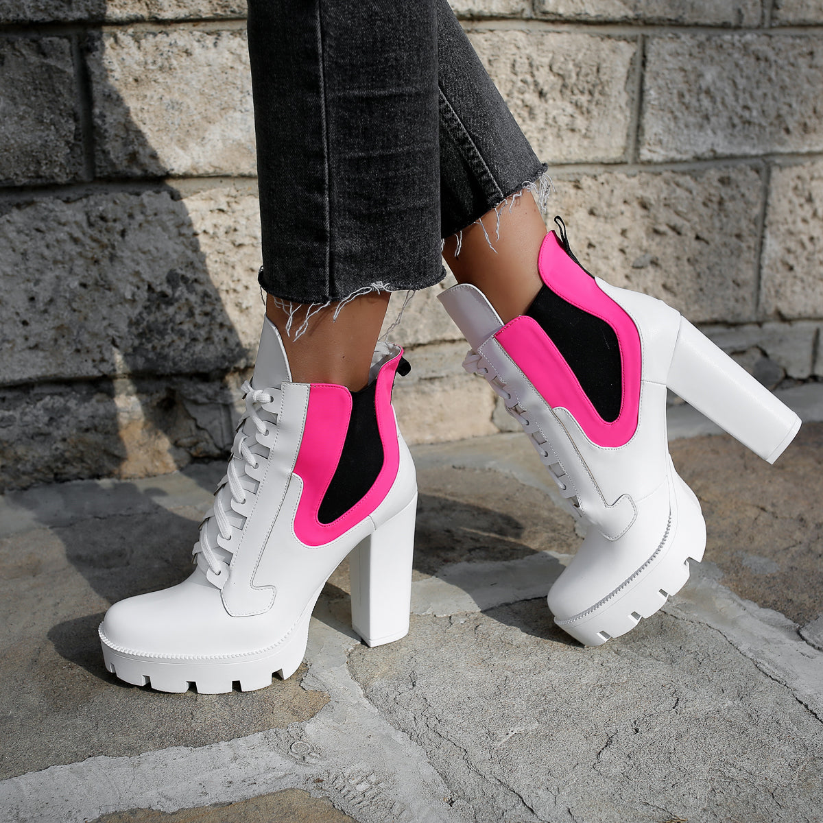 Botine Dama Bello - White/fuchsia