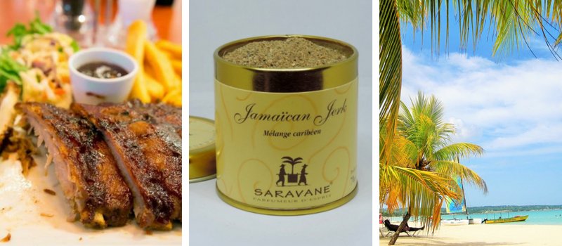 Mélange jamaïcain jerk saravane avec son ribs de porc caramélisé et sa plage jamaïcaine paradisiaque