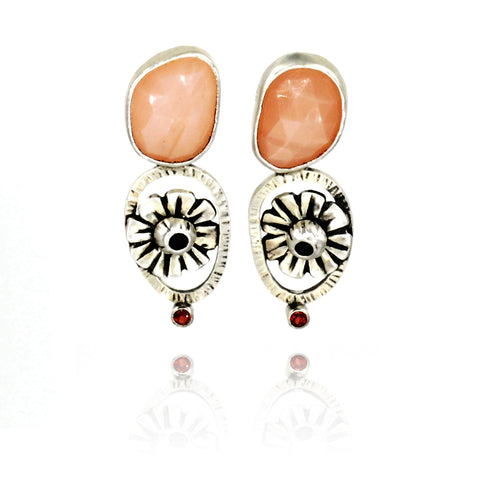 Vickie Hallmark | Peach Blossom Earrings | peach moonstone, almandine garnet, Argentium, fine silver