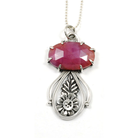 prong set pink sapphire pendant in Argentium and metal clay by Vickie Hallmark