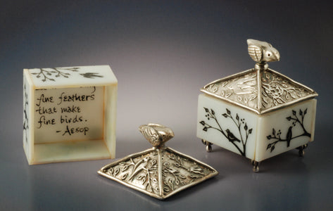 Vickie Hallmark | Bird Boxes | enamel painted glass, fine silver