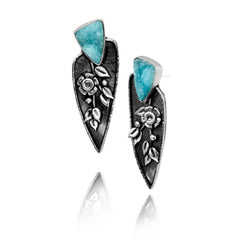 Vickie Hallmark | Blue Rose Earrings | Argentium sterling silver, fine silver, hemimorphite druzy